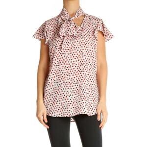 Adrianna Papell Orange Object Print Casual Shirt Women's Size Medium Tie Neck Bl